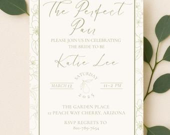 Bridal Shower Invitation Template, Perfect Pair Elegant Pear Floral Design, Editable Canva Instant Download