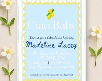 Baby Shower Invitation Template, Ciao Baby Italian Lemon Mediterranean Design, Editable Canva Instant Download