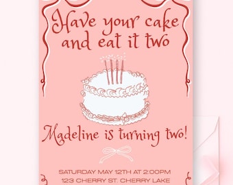 2nd Birthday Invitation Template, Have Your Cake Pink Party, Editable Canva Instant Download
