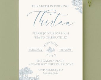 Plantilla de invitación para el 30 cumpleaños, diseño vintage azul para fiesta de té Thirtea, descarga instantánea editable en Canva.
