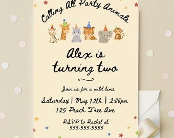 Birthday Invitation Template, Jungle Safari Animals Party, Editable Canva Instant Download