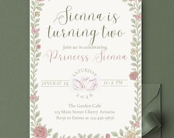 Birthday Invitation Template, Coquette Swan Princess Garden Party, Editable Canva Instant Download