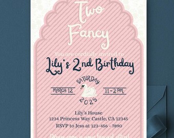 2nd Birthday Invitation Template, Two Fancy Swan Pink Stripes, Editable Canva Instant Download