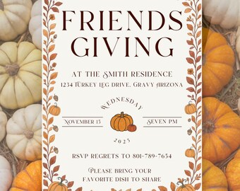 Friendsgiving Invitation Template, Elegant Fall Foliage Potluck, Editable Canva Instant Download