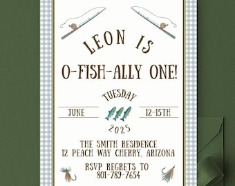1st Birthday Invitation Template, O-Fish-Ally One Fishing Boy, Editable Canva Instant Download
