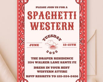 Cowboy Party Invitation Template, Spaghetti Western Red Bandana Design, Editable Canva Instant Download