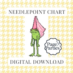 May include: A digital needlepoint chart featuring a pixelated green frog wearing a pink hat. The image includes the text "Needlepoint Chart" and "Digital Download" on a yellow and white patterned background, with a "Page Parties" logo.