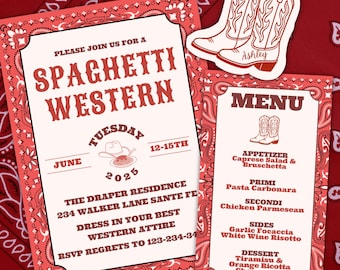 Cowboy Birthday Party Bundle, Spaghetti Western Red Bandana Invitation & Decor Set, Editable Canva Instant Download