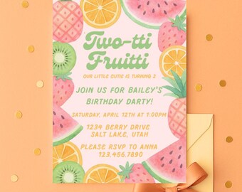 2nd Birthday Invitation Template, Two-tti Fruitti Fruit Party, Editable Canva Instant Download