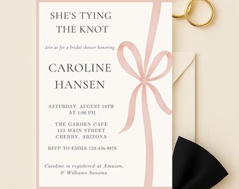 May include: A bridal shower invitation with the text "She's Tying the Knot" and details for Caroline Hansen's shower. The invitation features a pink ribbon design and gold wedding rings. A black bow tie and envelope are also visible.