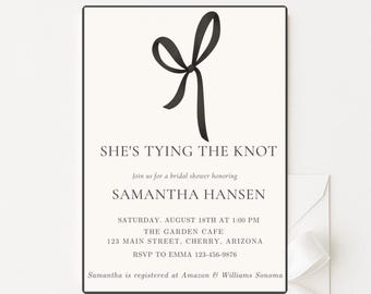 Bridal Shower Invitation Template, Black Bow She's Tying the Knot Minimalist Design, Editable Canva Instant Download