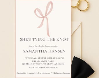 May include: A bridal shower invitation with the text "She's Tying the Knot" and event details. The invitation features a light pink bow graphic and is accompanied by gold rings and a black bow tie.