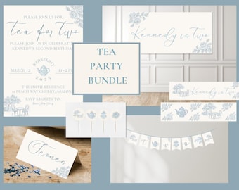 Tea Party Birthday Bundle, Tea For Two Blue Vintage Invitation & Decor Set, Editable Canva Instant Download