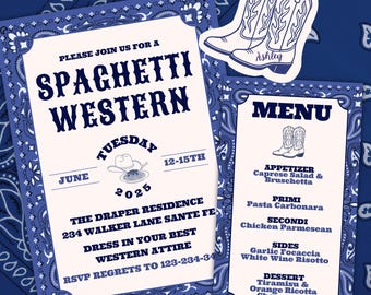 Cowboy Party Bundle, Spaghetti Western Blue Bandana Invitation & Decor Set, Editable Canva Instant Download