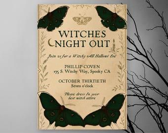 Witches Night Out Invitation Template, Vintage Moth Gothic Halloween Party, Editable Canva Instant Download