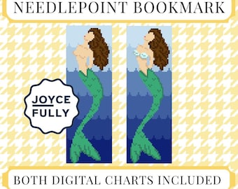 Mermaid Bookmark Cross Stitch Pattern PDF, Brunette Coastal Mermaid Needlepoint Chart, 18 Mesh Instant Download
