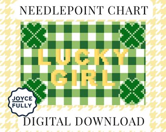 Lucky Girl Cross Stitch Pattern PDF, St Patricks Day Clover Needlepoint Chart, Instant Download