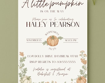 Baby Shower Invitation Template, Little Pumpkin Watercolor Fall Leaves Design, Editable Canva Instant Download