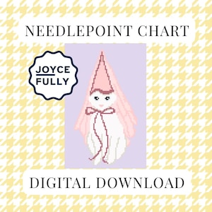 May include: A needlepoint chart digital download featuring a pixel art white cat wearing a pink pointed hat with a bow. The design is set against a light purple background with the text NEEDLEPOINT CHART, DIGITAL DOWNLOAD, and JOYCE FULLY.