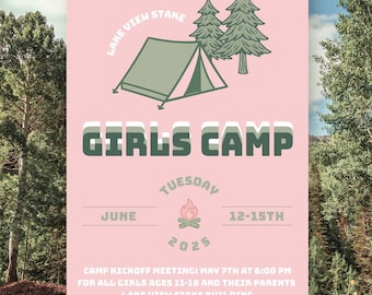 Girls Camp Invitation Template - Pink & Green Design - Instant Download Canva Template