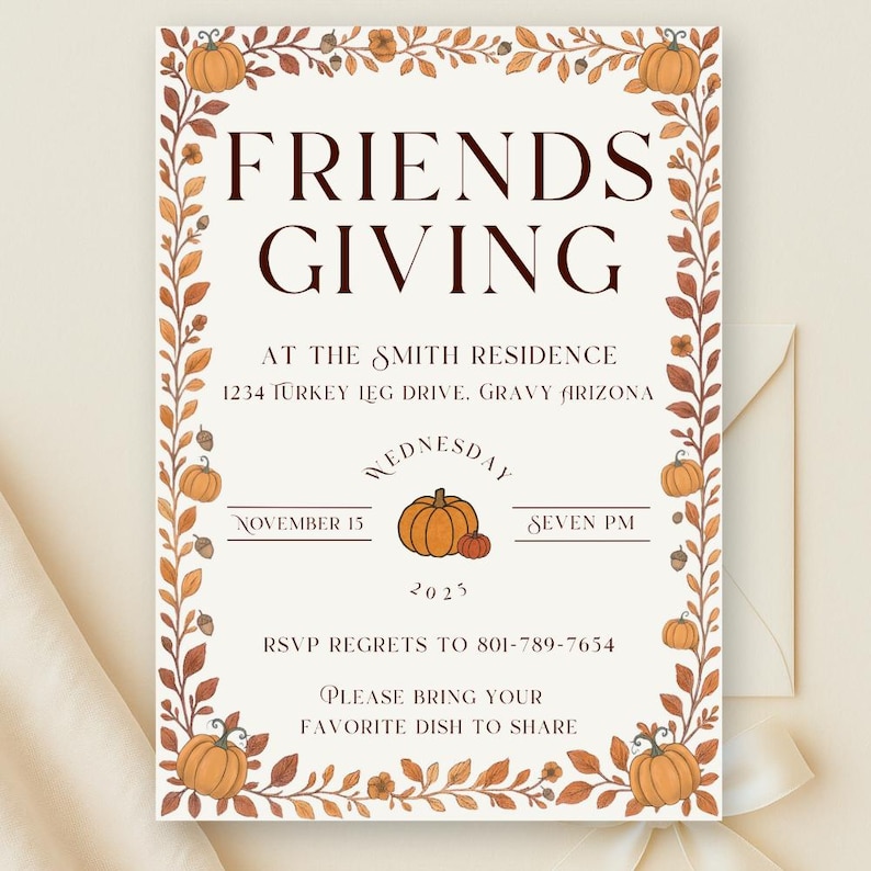 Friends Giving Letters Friendsgiving Invitation Template | Elegant Fall Foliage Potluck Invite ...