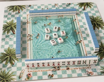 Luxury Mahjong Mat With Vibrant Swimming Pool Design, Aesthetic Game Night Table Accessory, Modern Mahjong Play Mat, Fun Game Room Decor