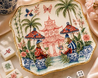 Elegant Chinoiserie Monkey Tray, Custom Ceramic Mahjong Accessory, Hand-Painted Zen Decor Dish, Gift For Game Lovers