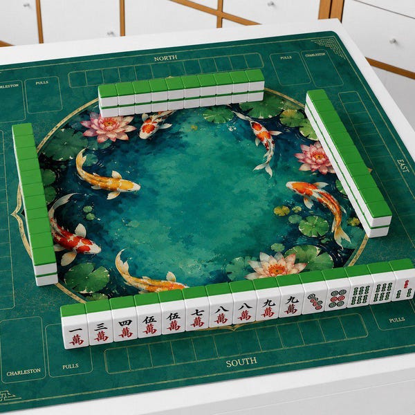 Beautiful Mahjong Playing Mat with Vibrant Koi Fish & Lotus Pond Art, High-Quality Non-Slip Tabletop Protector, Game Night Essential