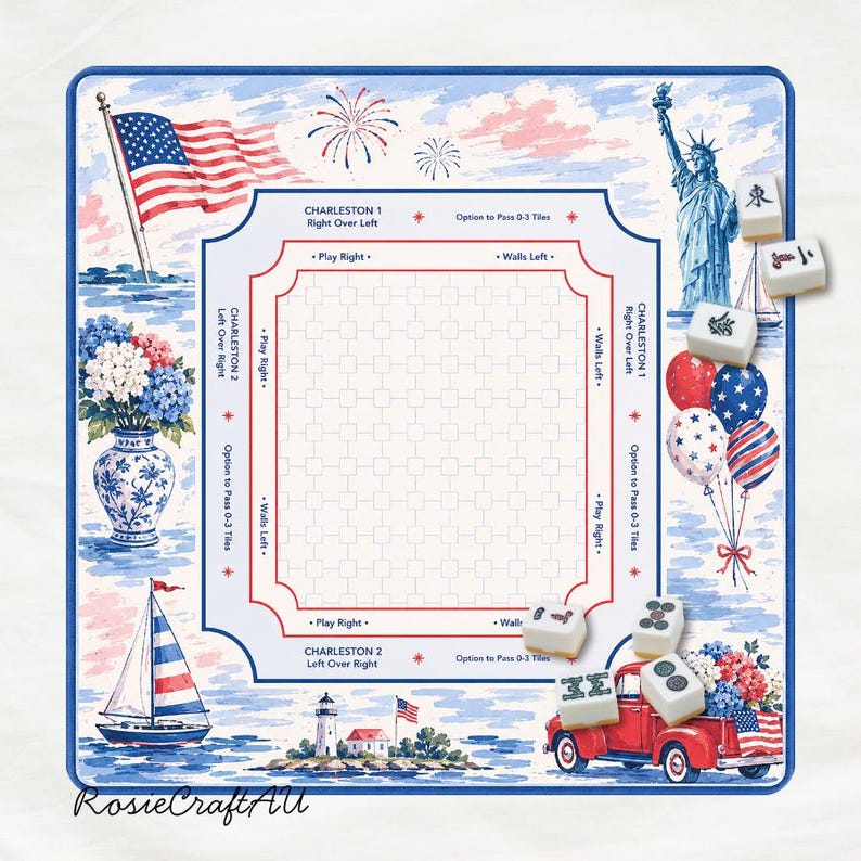 Puede incluir: Un tapete de juego de Mahjong cuadrado con tem&aacute;tica patri&oacute;tica que incluye una bandera estadounidense, la Estatua de la Libertad, un velero, un faro y un cami&oacute;n rojo. El centro incluye una cuadr&iacute;cula con instrucciones para Charleston.