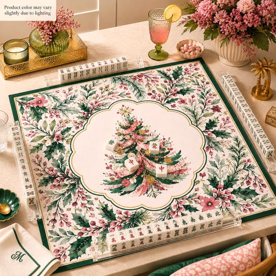 Elegant Christmas Holiday Mahjong Mat, Pink & Green Christmas Tree Design, Festive Tablecloth, Seasonal Game Night Decor