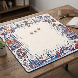 Puede incluir: Un tapete de juego cuadrado con un centro color crema y un borde con ilustraciones en rojo, blanco y azul de monumentos, fuegos artificiales e iconos estadounidenses. El tapete incluye instrucciones de juego impresas y tres fichas cuadradas.