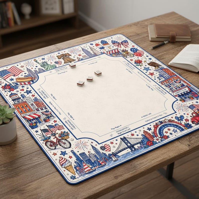 Puede incluir: Un tapete de juego cuadrado con un centro color crema y un borde con ilustraciones en rojo, blanco y azul de monumentos, fuegos artificiales e iconos estadounidenses. El tapete incluye instrucciones de juego impresas y tres fichas cuadradas.