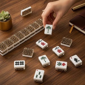Juego de Mahjong de Lujo con Estampado de Leopardo, 3.5 cm x 2.5 cm x 1.5 cm, fichas acrílicas de Mahjong fabricadas en EE. UU. con reverso de estampado de leopardo / Regalo de Mahjong de Lujo Preppy / 166 piezas