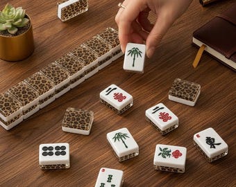 Luxury Leopard Print Mahjong Set, 1.4"x1.0"x0.6" USA Mahjong Acrylic Tiles with Leopard Print Backs | Preppy Luxe Mahjong Gift |166 Piece