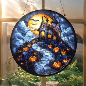 Haunted House & Pumpkin Faux Stained Glass, Halloween Acrylic Window Hanging Decor, Spooky Gothic Art Gift For Home