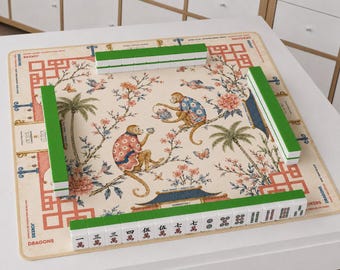 Monkey Chinoiserie Mahjong Game Mat | Oriental Art Table Cover | Decorative Home Accent and Unique Gift