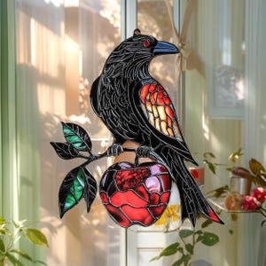 Raven and Apple Acrylic Suncatcher: Gothic Halloween Window Decor