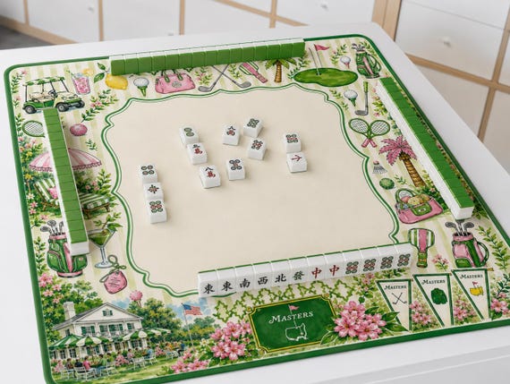 Preppy Golf Mahjong Mat, Country Club Chic Decor Pink & Green Golf Lover Gift, Grandmillennial Style