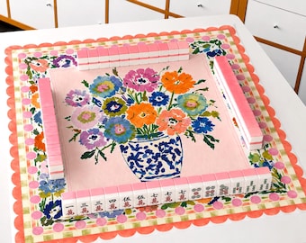 Chinoiserie Floral Vase Mahjong Mat | Elegant Game Night Decor | Vibrant Botanical Art Table Mat | Scalloped Gingham Design Hostess Gift
