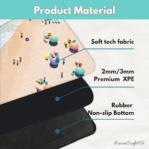 May include: A multi-layered mat featuring a top surface with an aerial beach scene, including sand, ocean waves, and colorful umbrellas. The diagram labels the layers as soft tech fabric, 2mm/3mm premium XPE, and a black rubber non-slip bottom.