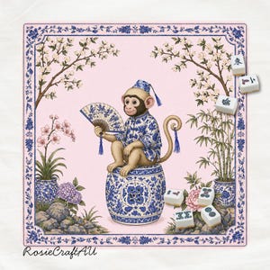 Op de afbeelding: Een vierkante print met een aap in een blauw-wit patroon outfit en muts, die een bijpassende waaier vasthoudt terwijl hij op een blauw-witte keramische kruk zit. De scène bevat kersenbloesems, bamboe en mahjongtegels.