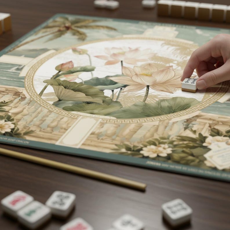 May include: A board game featuring a central circular illustration of pink lotus flowers and green leaves, surrounded by a Greek key border. The board includes architectural elements and palm trees. Small white tiles with symbols are placed on the board.