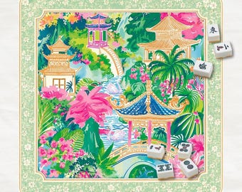 Chinoiserie Mahjong Mat, Vibrant Tropical Garden Playing Mat, Pagoda Asian Landscape Game Table Decor, Unique Mahjong Gift For Her