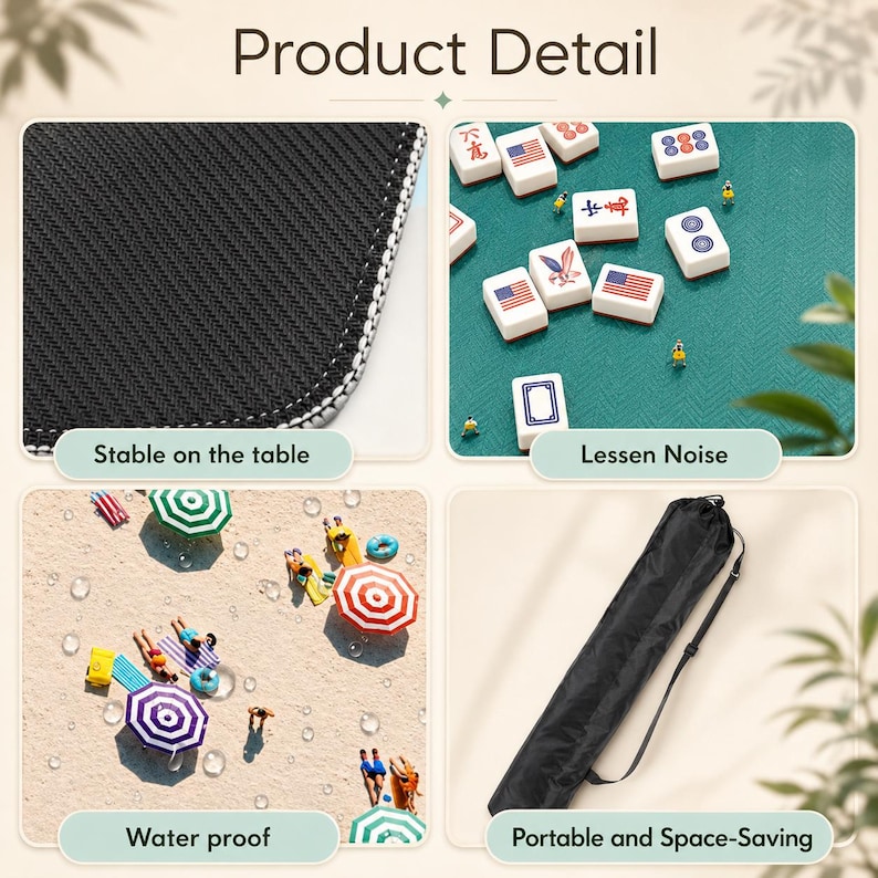 May include: A mahjong mat featuring a black textured underside for table stability, a green surface to dampen noise, a waterproof top layer with a beach scene, and a black carrying bag with an adjustable shoulder strap for storage and transport.