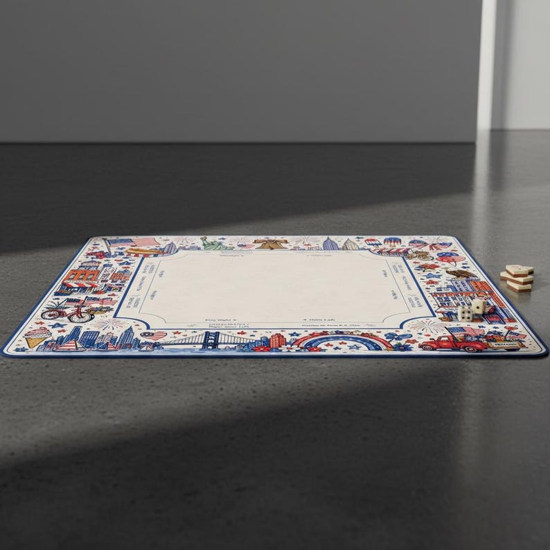 Puede incluir: Una alfombrilla de juego rectangular con un centro color crema y un borde con ilustraciones en rojo, blanco y azul de monumentos estadounidenses, una bicicleta, un cami&oacute;n y fuegos artificiales. Dos dados blancos y fichas de madera al lado.