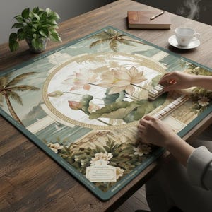 May include: A rectangular game mat featuring a central circular design with lotus flowers, palm trees, and a Greek key border. The mat includes text reading "DRACO'S COLLECTION" and "CIAHILLSTON" with various decorative elements in shades of green, cream, and gold.