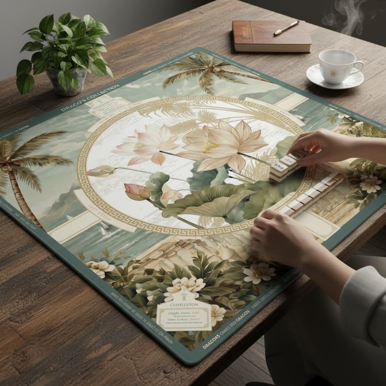 May include: A rectangular game mat featuring a central circular design with lotus flowers, palm trees, and a Greek key border. The mat includes text reading "DRACO'S COLLECTION" and "CIAHILLSTON" with various decorative elements in shades of green, cream, and gold.