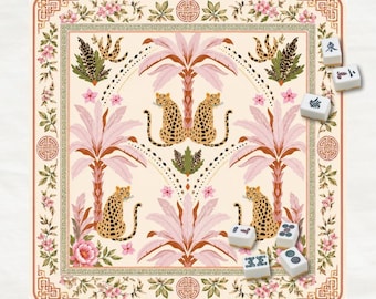 Mahjong Mat Exotic Leopard Palm Tree Design Playing Mat Square Game Board Table Topper Home Decor Gift