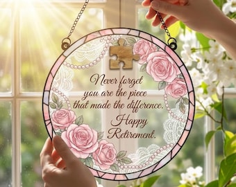 Happy Retirement Suncatcher, Faux Stained Glass Rose Art Window Hanging