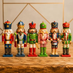 Clásico juego de cascanueces navideño, figuras de madera hechas a mano, decoración navideña tradicional para el hogar.